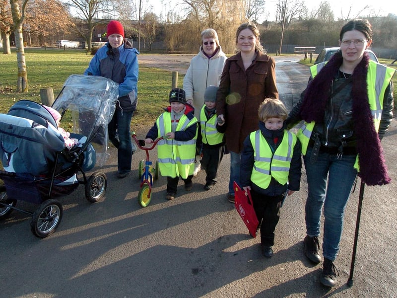 A walking bus scheme launched by parents, March 2010. Katarzya Rapacz and Gabriela Rapacz, one, and Grzegorz Rapacz, four, Gloria Tubb, Nate Ferry, five, Sophie Ferry, Niall Hynes, six, and mum Michelle Slater