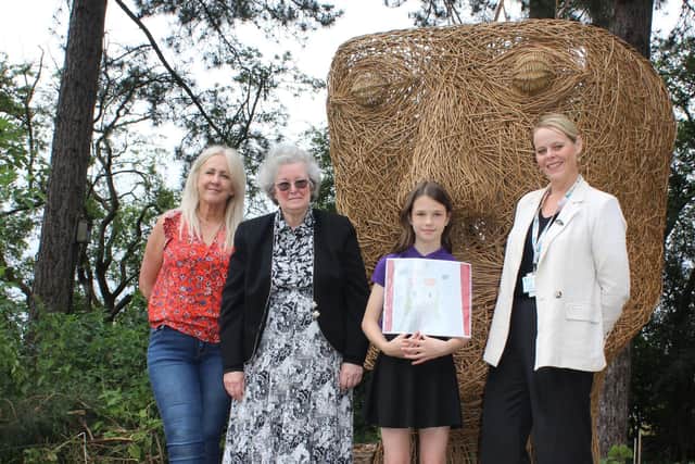 Willow Sculptor Deb Jones, with North Northamptonshire Council’s Executive Member for Adults, Health and Wellbeing, Councillor Gill Mercer, competition winner Nevaeh Hardingham, and North Northamptonshire Council’s Director of Public Health, Communities and Leisure, Jane Bethea