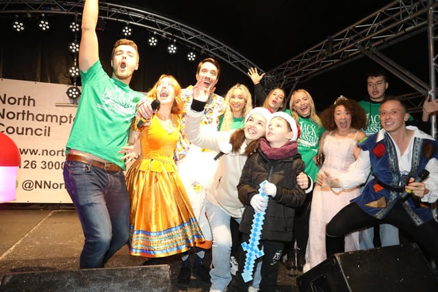 Wellingborough Christmas lights switch on Jack and the Beanstalk cast from Castle Theatre with competition winner Thomas