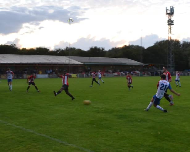Ethan Johnston scores AFC Rushden & Diamonds' equaliser in their 1-1 friendly draw at Kempston Rovers on Tuesday night. Picture by Shaun Frankham