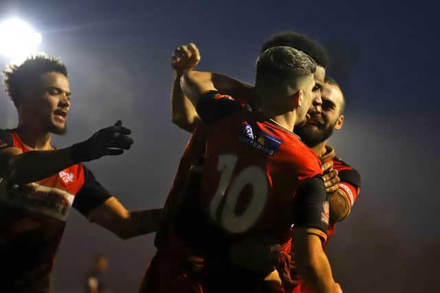 Tyrone Lewthwaite takes the congratulations after scoring the only goal of the game at Latimer Park