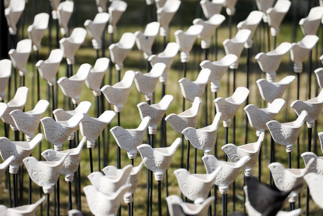 Art installation at Chester House for Cransley Hospice to mark the 25th anniversary of the Kettering hospice. 
Artist Louise Crookenden-Johnson creator of the 500 handmade pottery robins, unveiled by Lord Lt James Saunders Watson
Friday, June 16, 2023