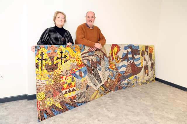 Cornerstone  - Kettering Grammar School mosaic designed by Kenneth Budd. Oliver Budd with Monica Ozdemir