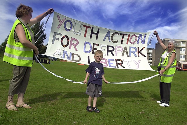 Three-year-old George Crookes lends a hand at the Deer Park playground, Stannington, Sheffield, where a Jubilee Extravaganza was held on August 17, 2002