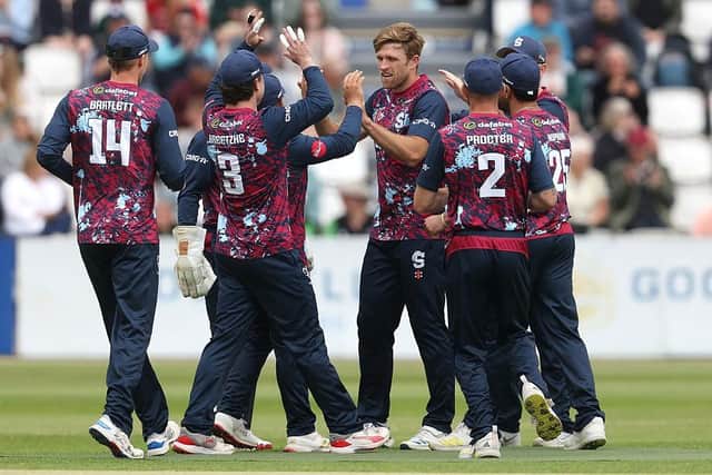 Steelbacks skipper David Willey is congratulated by his team-mates after taking the wicket of Foxes batter Louis Kimber (Picture: David Rogers/Getty Images)