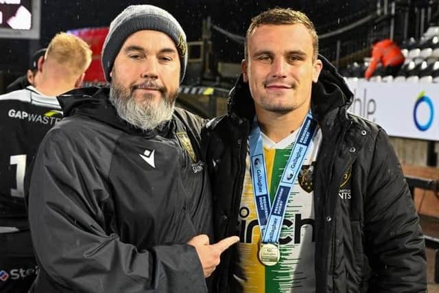 Curtis Langdon shows off his player of the match medal alongside Matt Ferguson (picture: Northampton Saints)