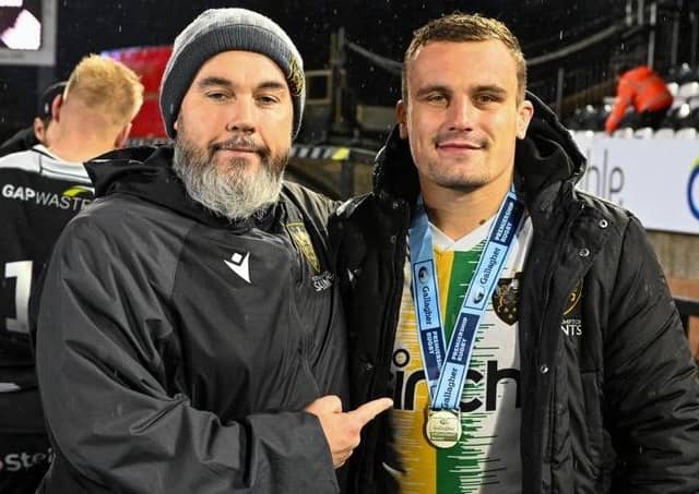 Curtis Langdon shows off his player of the match medal alongside Matt Ferguson (picture: Northampton Saints)