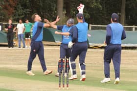 Wollaston celebrate a wicket during their 83-run win at Stony Stratford, which means they will have a shot at the Division One title on the final day. Pictures by Finbarr Carroll
