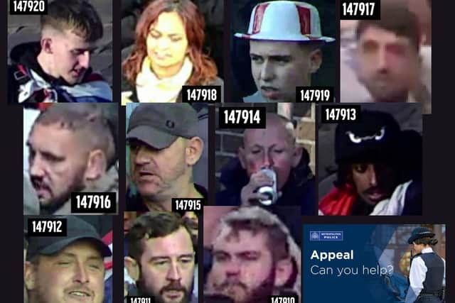 Images of 11 people have been released by the Met Police following violent disorder that left several officers seeking hospital treatment. Image: NW