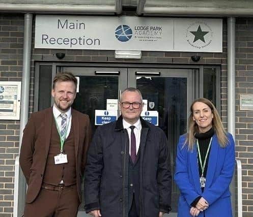Principal Jonathon Kirby, Lee Barron MP and Sue Jones, Executive Principal at Lodge Park Academy