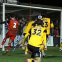 Frankie Maguire fires his shot into the top corner to make it 2-2 in Kettering Town's incredible 3-2 success over Boston United at Latimer Park. Pictures by Peter Short