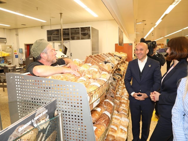 Rachel Reeves Shadow Chancellor visits Kettering Morrisons and Cheaney Shoes in Desborough with her sister Ellie Reeves and candidate Rosie Wrighting:Rachel Reeves in Kettering and Desborough