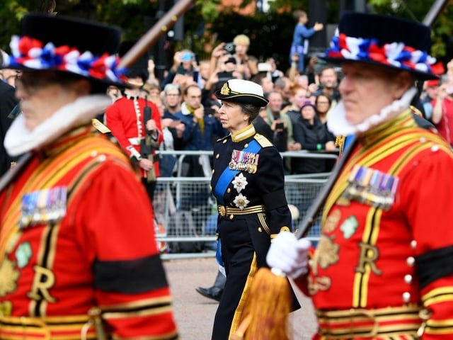 Princess Anne, the Princess Royal, follows behind The Queen's funeral cortege borne on the State Gun Carriage of the Royal Navy