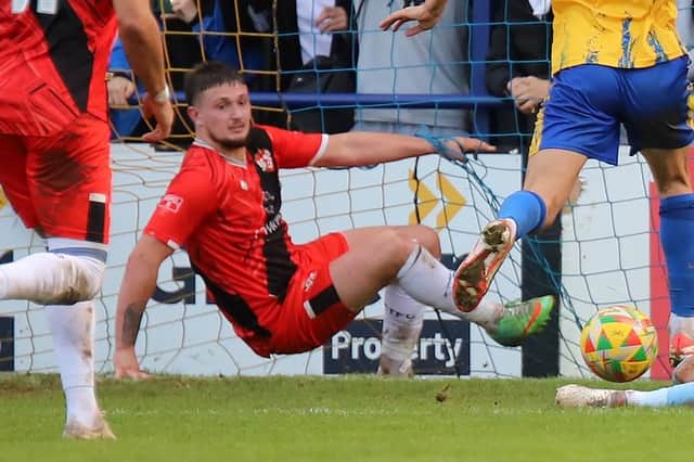 Kettering Town defender Lewis White was shown a late red card in Tuesday's defeat to AFC Telford United (Picture: Peter Short)