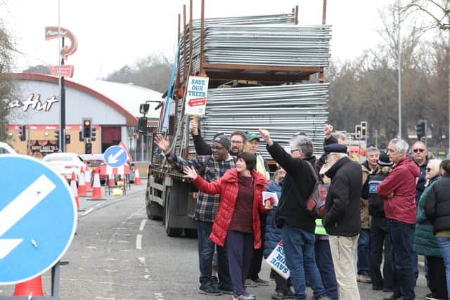 Campaigners wave a traffic tooting their support
