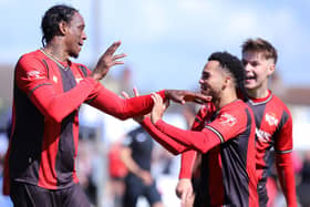 Nile Ranger celebrates scoring for Kettering in their play-off final defeat at AFC Telford United (Picture: Peter Short)