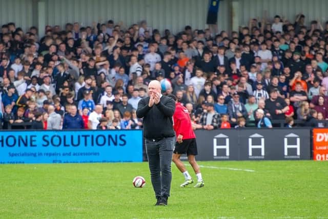 Gary Setchell applauds the huge crowd ahead of Corby Town's play-off final against Worcester City in May (Picture: Jim Darrah)