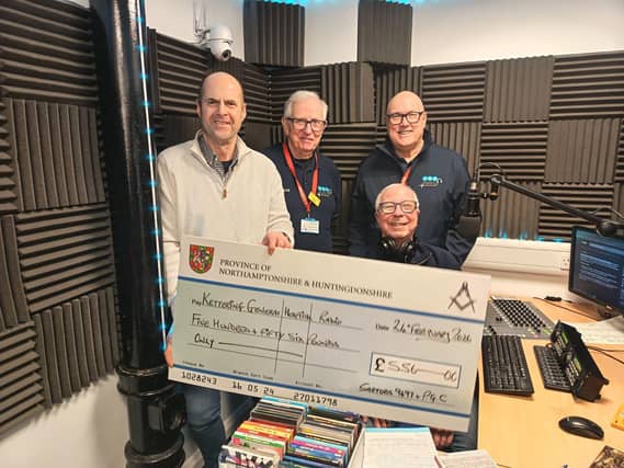 Left to right: Clive Fone, Station Technician; Steve Bellamy, Station Manager; Mark Waples, Presenter; and seated, Alan Piggott, Presenter.