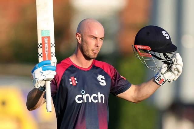 Chris Lynn celebrates scoring a century for the Northants Steelbacks against Leicestershire Foxes at the County Ground in 2022