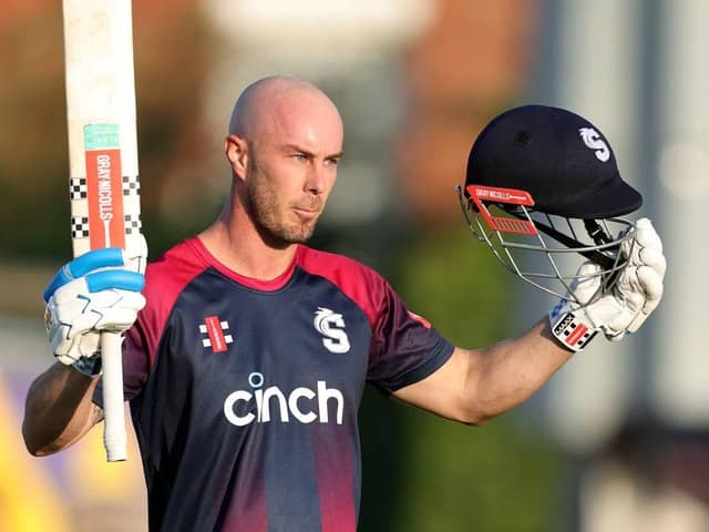 Chris Lynn celebrates scoring a century for the Northants Steelbacks against Leicestershire Foxes at the County Ground in 2022
