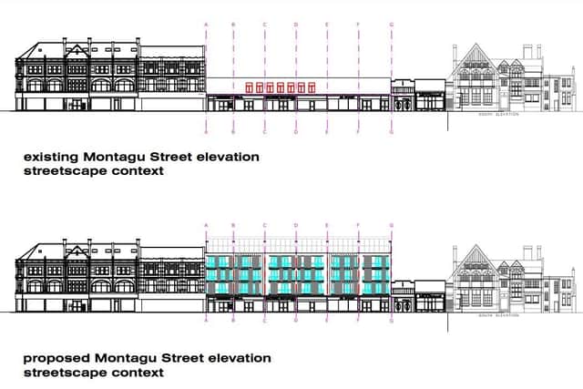The existing snooker club (red) will be demolished if plans go ahead. 
(Credit: Muddy Dog Architects)
