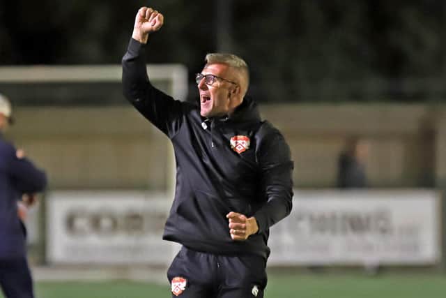 Kettering Town boss Richard Lavery enjoys his team's win at St Ives (Picture: Peter Short)