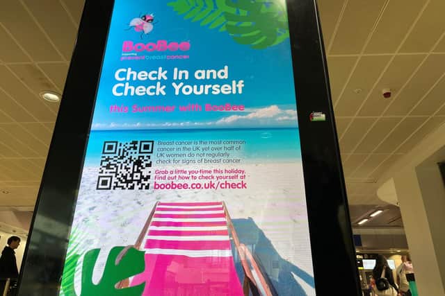 The new campaign on display at EMA urges women to check themselves for breast cancer while on holiday