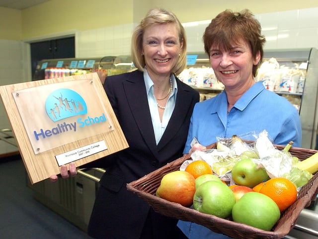 The school won a Healthy Eating Award in February 2008 for the food in its canteen. Sue Chester and Carol Farey show off the award