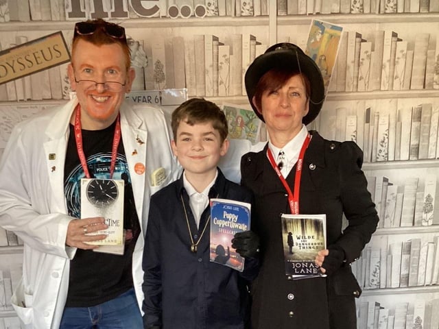 Jonas with others dressed as characters from his books at Camestone School.
