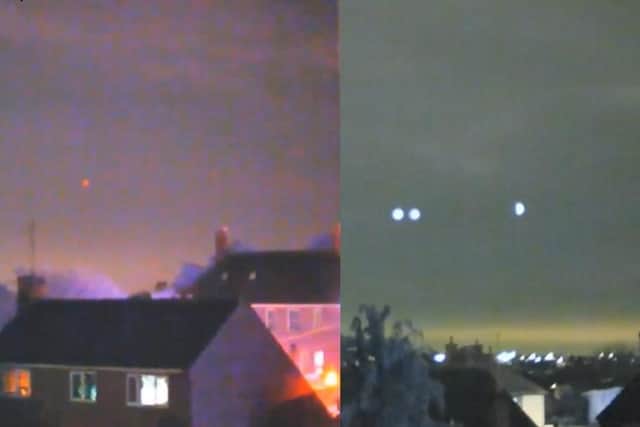 Two videos captured in May (left) and March (right) show unidentifiable objects in the sky above Rushden