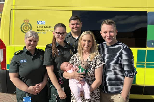 Becky Smithson of Thrapston with the ambulance crews who helped deliver baby Imogen
