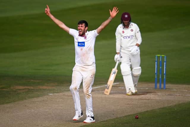 Craig Overton celebrates dismissing Luke Procter for his second duck of the match as Somerset thrashed Northants