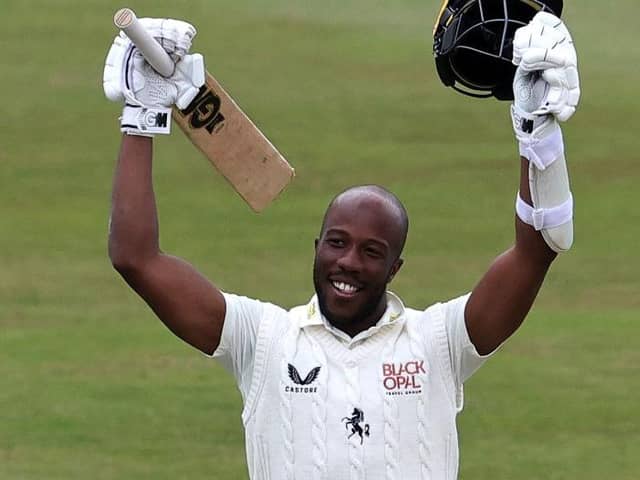 A delighted Daniel Bell-Drummond celebrates after reaching 300 not out for Kent versus Northants - it is the highest score by a visiting player to the County Ground (Picture: David Rogers/Getty Images)