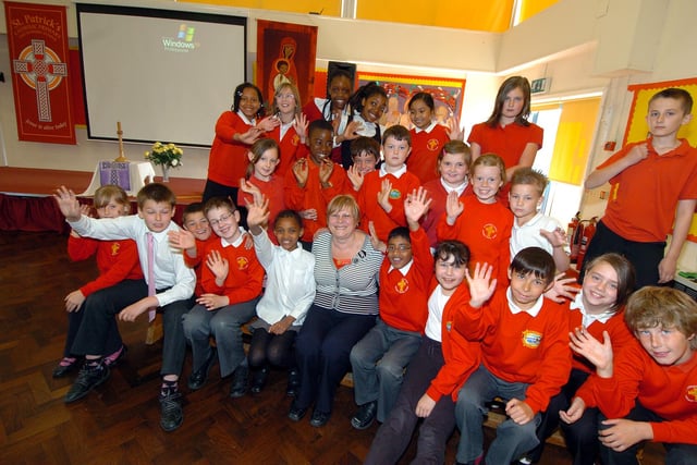 Corby, St Patrick's Primary School, Retirement - Teaching Assistant Linda Sunley with her year 5 students  2011