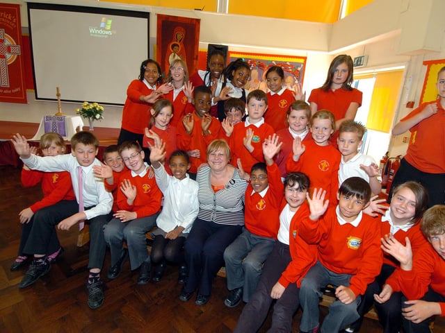 Corby, St Patrick's Primary School, Retirement - Teaching Assistant Linda Sunley with her year 5 students  2011