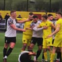Tempers flare during Corby Town's 1-0 defeat at Harborough Town at the weekend. Picture by David Tilley