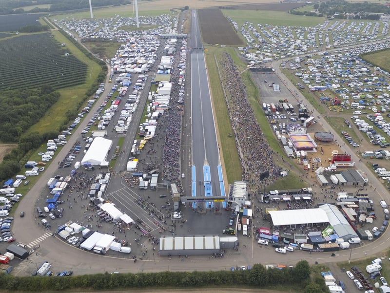 An aerial view of Santa Pod in 2024