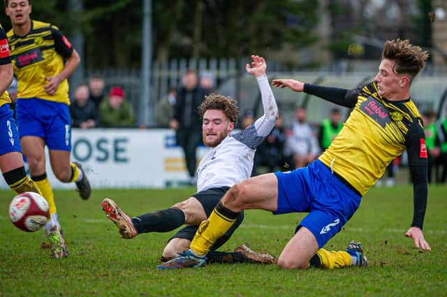 Action from Diamonds' 3-2 defeat at Corby Town (Picture: JIm Darrah)