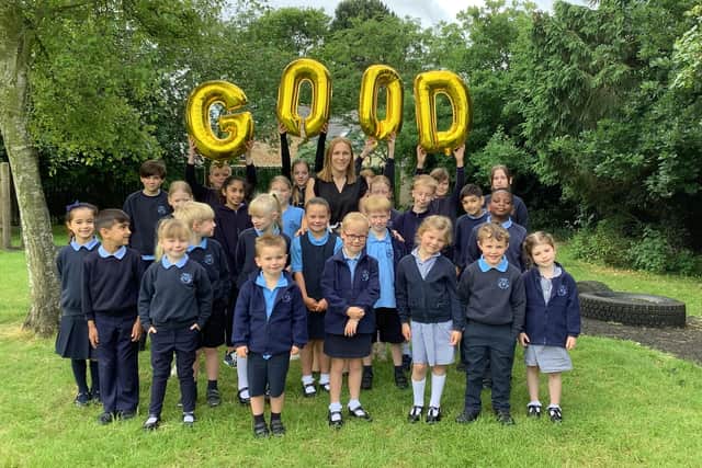 Rushton Primary School pupils and staff celebrate their 'good' Ofsted/ Pathfinder Schools