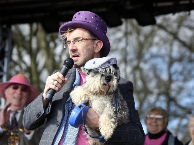 Kettering: Crazy Hats 13th annual walk at Wicksteed Park Bernie Keith with his dog Riley March 2015: