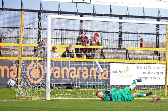 Decarrey Sheriff's penalty finds the net as Kettering Town claimed a 1-0 victory at Southport. Pictures by Peter Short