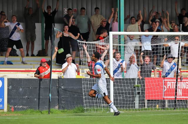 Tyrone Lewthwaite celebrates his goal in the 2-1 win at Bromsgrove Sporting on Saturday (Picture; Peter Short)