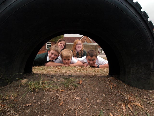 'Tyred' Corby Old Village School pupils Ellie Alcorn, 10, Charles Clark, 10, Hannah Eden, 9, Jake Page, 11, and Sonny Wilson, 8, in October 2009