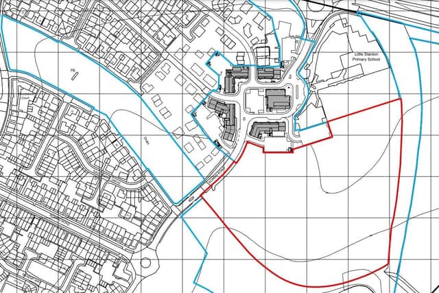 The area outlined in red is the proposed site plan for the final phase of residential housing in Little Stanion. Image taken from planning application. Credit: JME Developments