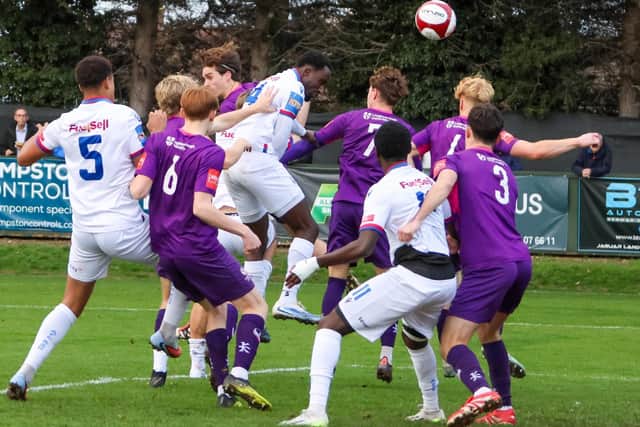 Joel Nketia goes for goal in AFC Rushden & Diamonds' 2-2 draw with Loughborough Students (Picture: Shaun Frankham)