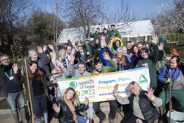 Staff, volunteers, families, visitors, students and children gather at Groundwork Northamptonshire’s community garden project in Kettering, Green Patch, to launch Seeds of Hope