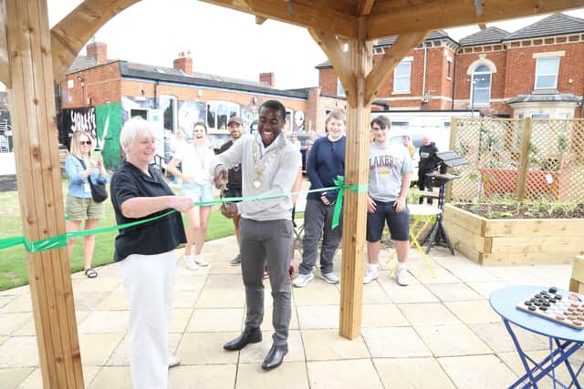 Cindy Wrighting (CEO Youth Works) with Cllr Alex Evelyn deputy mayor of Kettering at the opening of the community garden at Keystone/National World