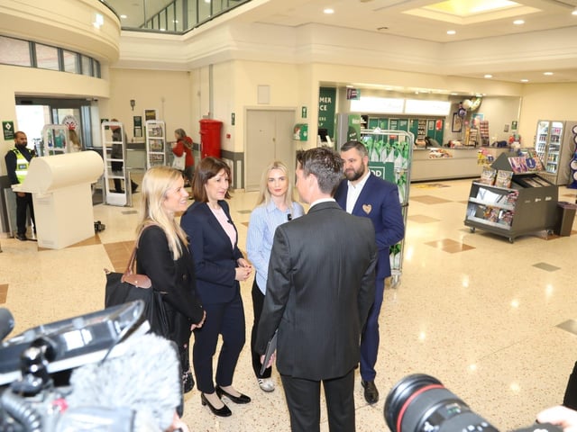 Rachel Reeves Shadow Chancellor visits Kettering Morrisons and Cheaney Shoes in Desborough with her sister Ellie Reeves and candidate Rosie Wrighting:Rachel Reeves in Kettering and Desborough