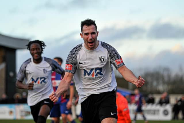Jack Turner celebrates after he scored the only goal of the game in Corby Town's 1-0 success over Hinckley Leicester Road. Picture by Jim Darrah