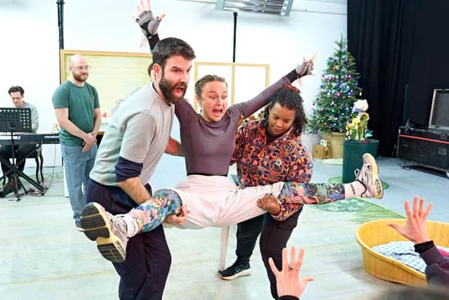 The cast of Mog's Christmas in rehearsal. Photo by Manuel Harlan